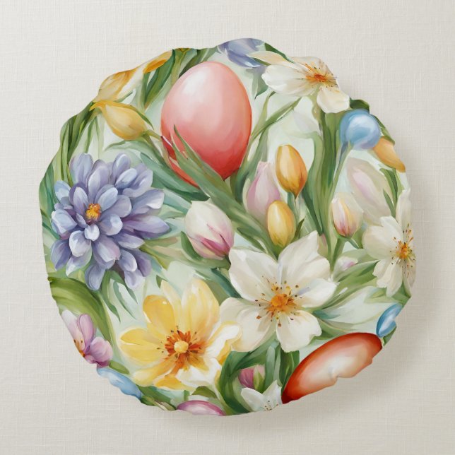 Graceful Apple Blossom, Tulips und Ostereier Rundes Kissen (Rückseite)