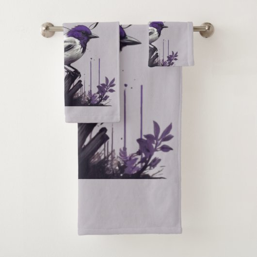 Graceful Bird & Lila Blätter | Naturpalette Badhandtuch Set (Insitu)