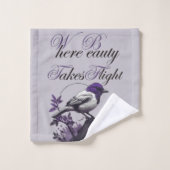 Graceful Bird & Lila Blätter | Naturpalette Badhandtuch Set (Waschlappen)