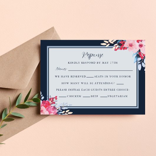Graceful Blumenrosa und Dusty Blue Wedding RSVP Karte