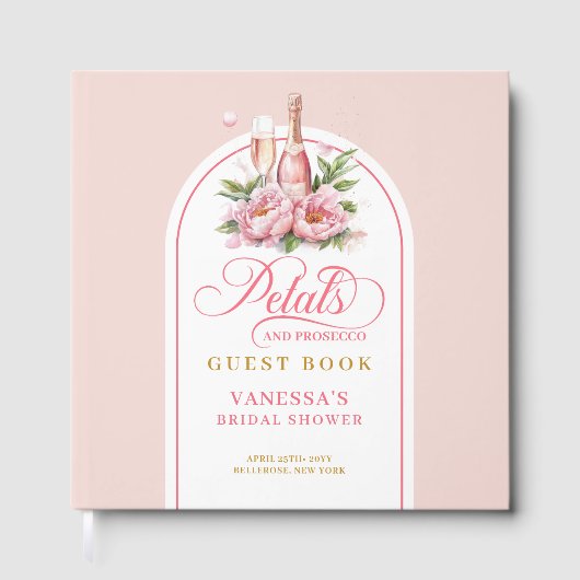 Graceful blush and gold petals prosecco sign book gästebuch (Vorderseite)
