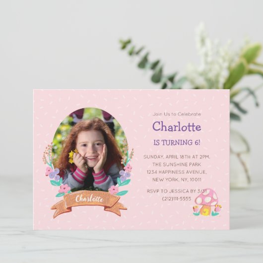 Graceful Blüten: HandGezeichnet Blumenkranz| Rosa Einladung (Stehend Vorderseite)