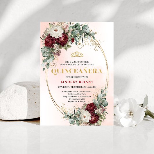Graceful Bohemian Burgundy Peonies Quince Invite Einladung