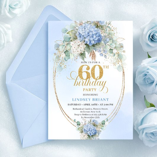 Graceful Bohemian Soft Blue Gold 60th Birthday Einladung