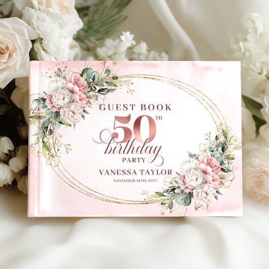 Graceful Botanical Rose Gold 50th Birthday Book Gästebuch