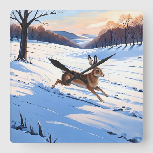 Graceful Bounds of Hare : Voll Winterfreude Quadratische Wanduhr (Vorderseite)