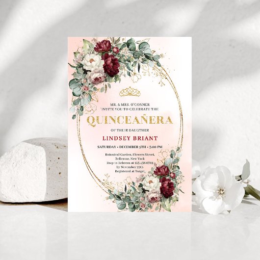 Graceful Burgundy Peonies Eucalyptus Quince Invite Einladung