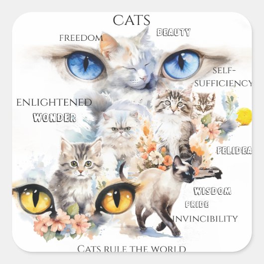 Graceful Cats Wasserfarben Art Typografie Quadratischer Aufkleber (Vorderseite)