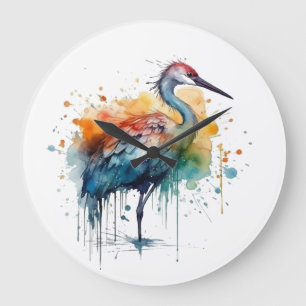 Graceful Crane: Wasserfarben Kunst Große Wanduhr