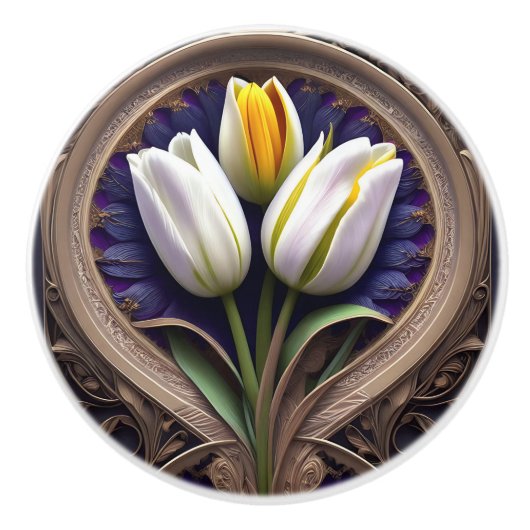Graceful Curves: White Tulip in Art Nouveau Design Keramikknauf (Vorderseite)