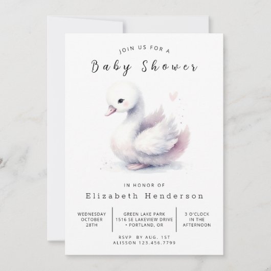Graceful Custom Swan Baby Dusche Einladung (Vorderseite)