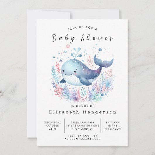Graceful Custom Whale Baby Dusche Einladung (Vorderseite)
