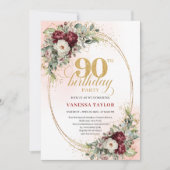 Graceful Deep Red Floral Gold 90th Birthday Invite Einladung (Vorderseite)