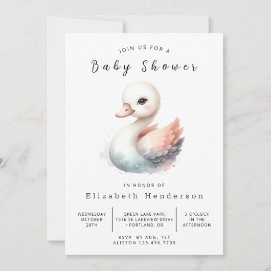 Graceful Digital Swan Baby Dusche Einladung (Vorderseite)