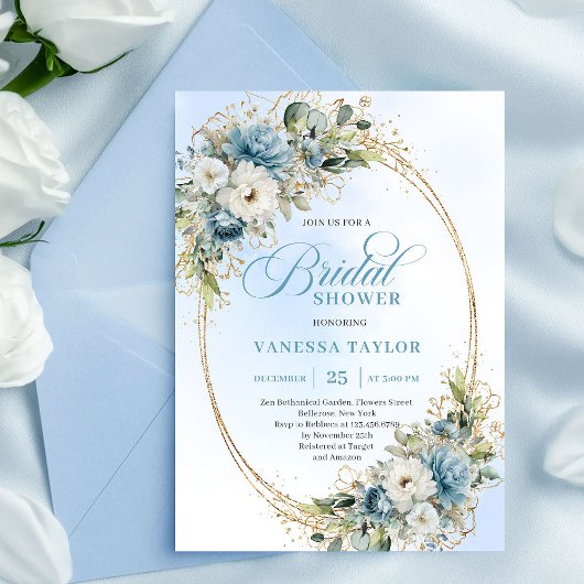 Graceful Dusty Blue Floral Bridal Shower Invites Einladung