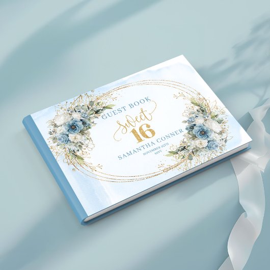Graceful Dusty Blue Floral Sweet 16th Guest Book Gästebuch