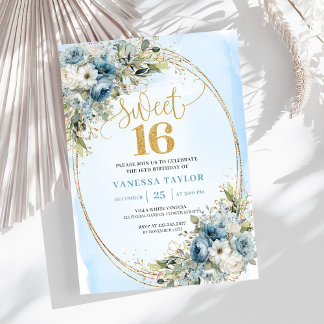 Graceful Dusty Blue Floral Sweet Sixteen Invites Einladung