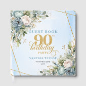 Graceful Dusty Blue Gold 90th Birthday Guest Book Gästebuch (Vorderseite)