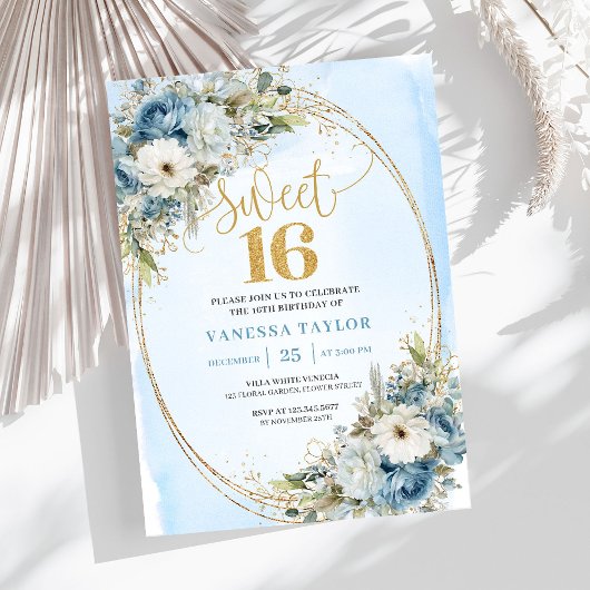 Graceful Dusty Blue Greenery Sweet Sixteen Invite  Einladung