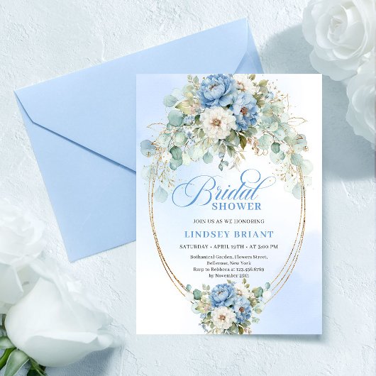 Graceful Dusty Blue Peonies Greenery Bridal Invite Einladung