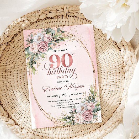 Graceful Dusty Pink Gold Floral 90th Birthday   Einladung