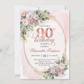 Graceful Dusty Pink Gold Floral 90th Birthday   Einladung (Vorderseite)