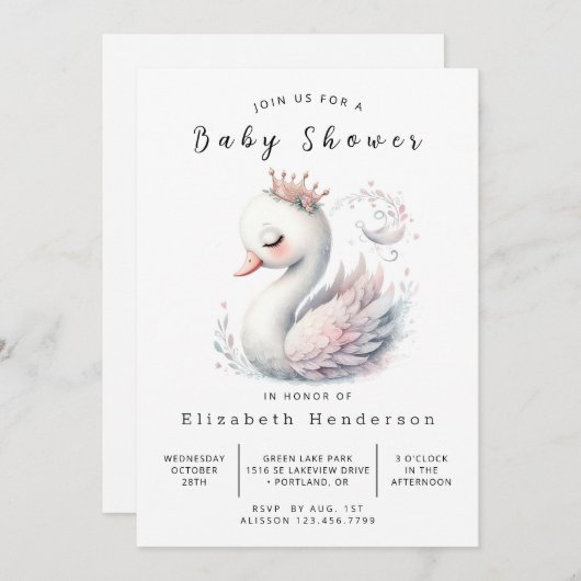 Graceful Editable Swan Baby Dusche Einladung (Vorne/Hinten)