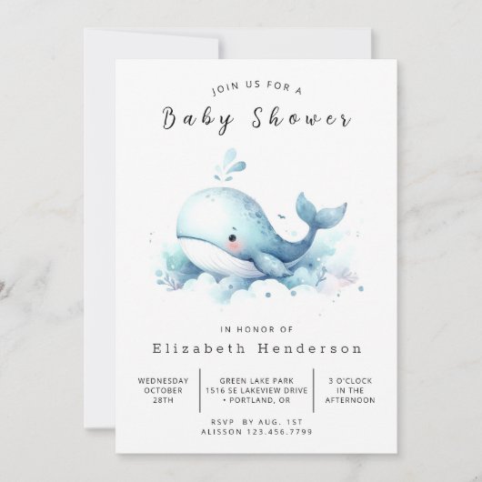 Graceful Editable Whale Baby Dusche Einladung (Vorderseite)