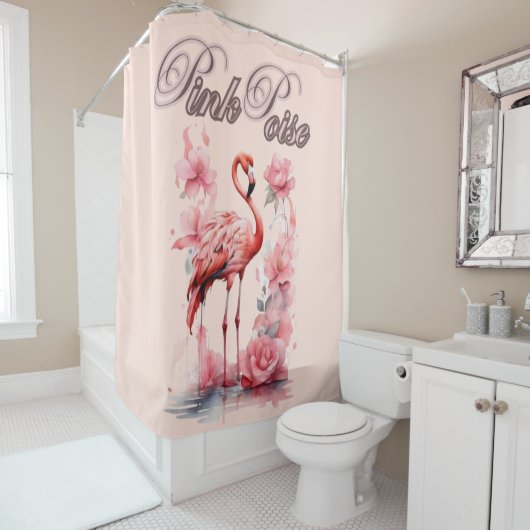 Graceful Flamingo Walk | Rosa- und Blumendesign Duschvorhang (Beispiel)