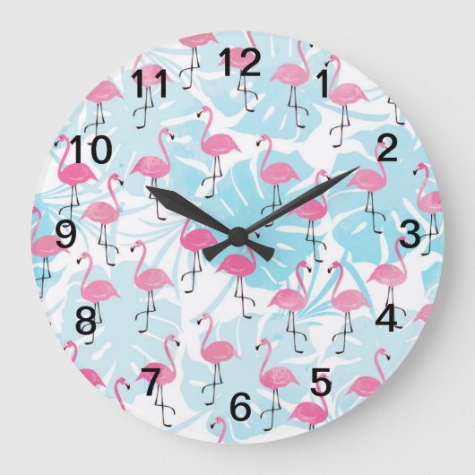 Graceful Flamingos und Monstera Blätter Große Wanduhr (Vorderseite)