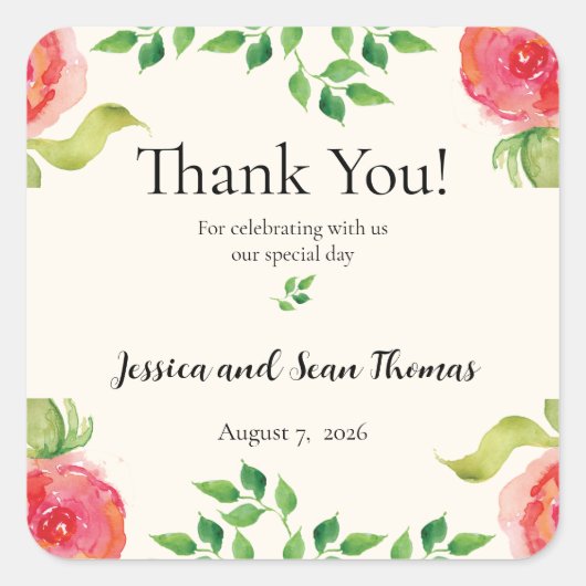 Graceful Floral Wedding Vielen Dank Quadratischer Aufkleber (Vorderseite)