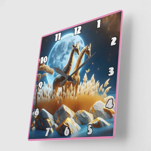 Graceful Giraffen unter einem glühenden Mond in Af Quadratische Wanduhr (Winkel)