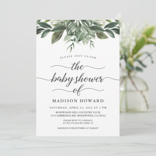 Graceful Greenery Baby Dusche Einladung (Stehend Vorderseite)