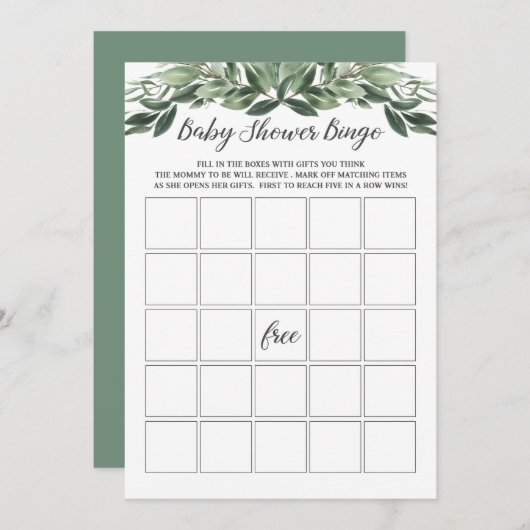 Graceful Greenery Baby Shower Bingo Game Card Einladung (Vorne/Hinten)
