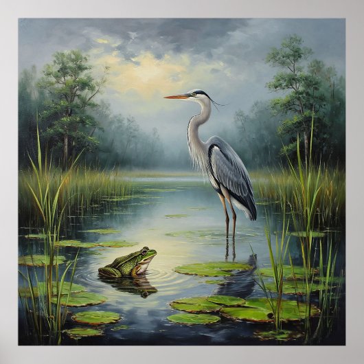 Graceful Heron in a Serene Pond Poster (Vorne)