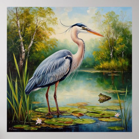 Graceful Heron in a Serene Pond Poster (Vorne)