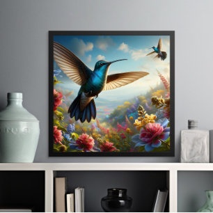 Graceful Hummingbird fliegt über dem Feld der Blum Poster