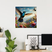 Graceful Hummingbird fliegt über dem Feld der Blum Poster (Heimbüro)