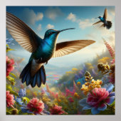 Graceful Hummingbird fliegt über dem Feld der Blum Poster (Vorne)