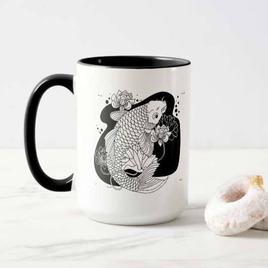 Graceful Koi & Lotus Mug – Zen Minimalist Art Tasse (Mit Donut)