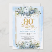 Graceful light blue gold frame 90th birthday   einladung (Vorderseite)