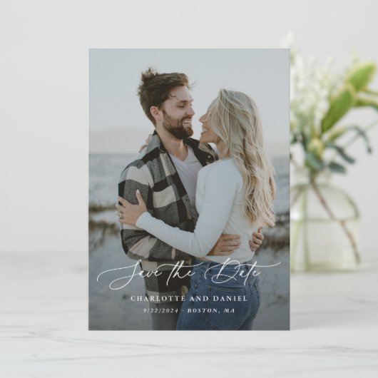 Graceful Modern Calligraphy Full Foto Save The Date (Stehend Vorderseite)