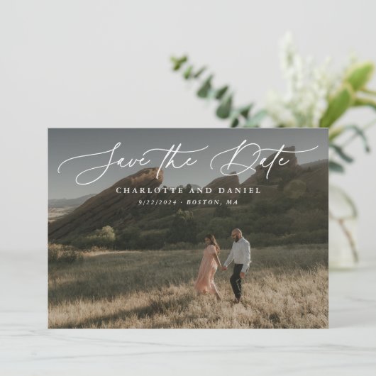 Graceful Modern Calligraphy Full Foto Save The Date (Stehend Vorderseite)