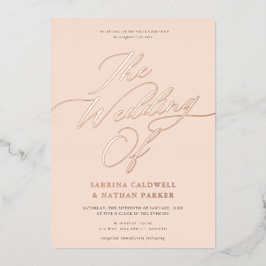 Graceful Modern Script Wedding Blush Rose Gold Folieneinladung (Vorderseite)