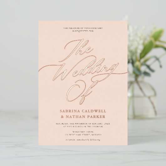 Graceful Modern Script Wedding Blush Rose Gold Folieneinladung (Stehend vorne)