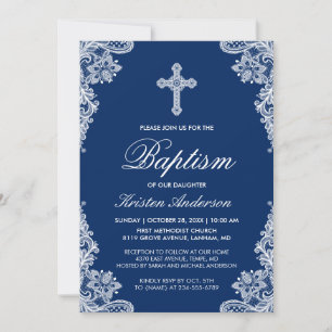 Graceful Navy Blue Lace Cross Taufen Foto laden Einladung