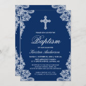 Graceful Navy Blue Lace Cross Taufen Foto laden Einladung (Vorne/Hinten)