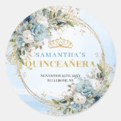 Graceful Pastel Blue Gold Eucalyptus Quinceañera Runder Aufkleber (Vorderseite)