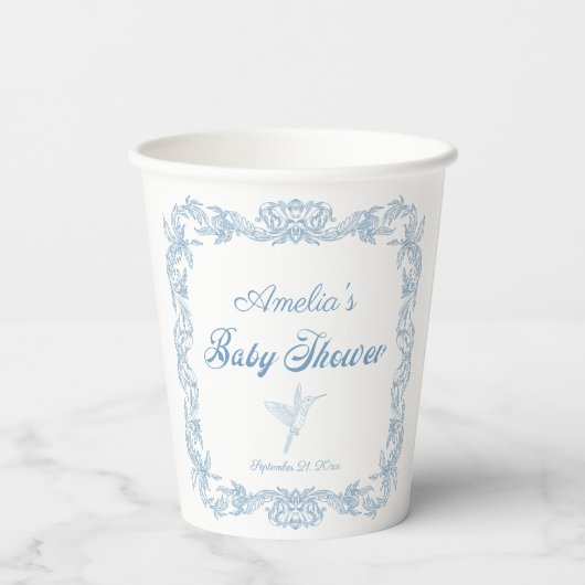 Graceful Periwinkle Baroque Filigree Babydusche Pappbecher (Rückseite)