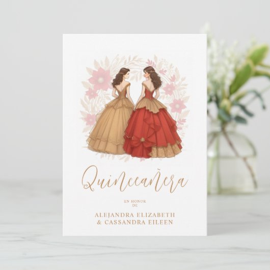 Graceful Romantic Spanish Quinceañera Twins  Einladung (Stehend Vorderseite)